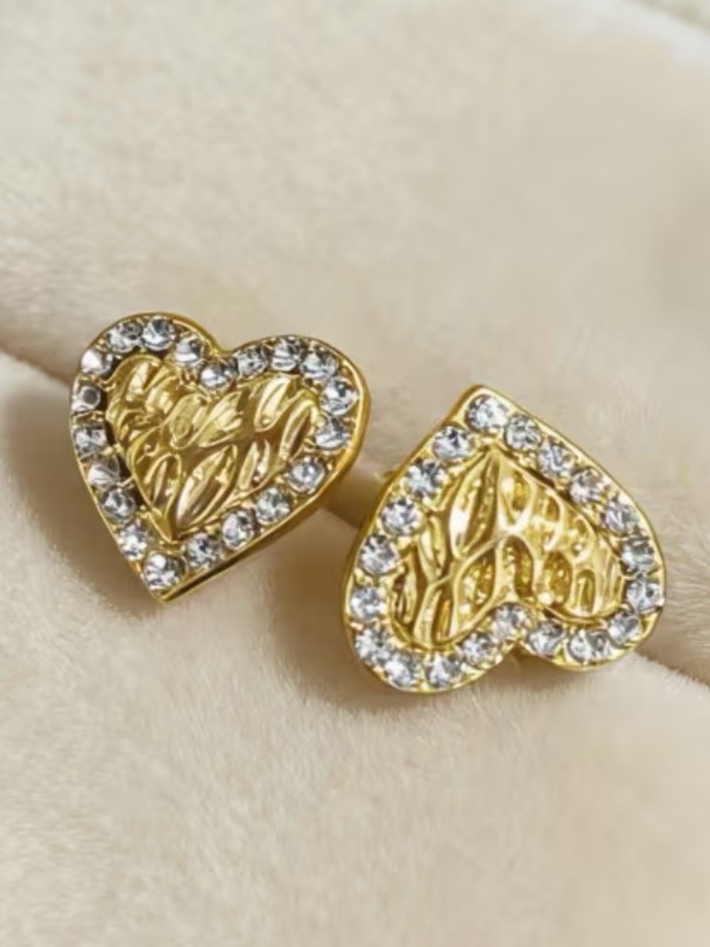 Gold Heart Crystal Halo Stud Earrings - Women's Fashion Jewelry - Picture 2 of 4